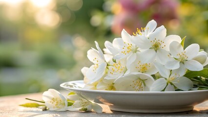 A plate of white jasmine flowers with yellow centers sitting on a wooden surface in soft lighting