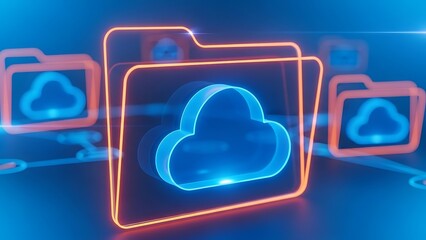 Digital cloud storage concept with glowing neon folder icons and data connections