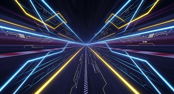 Abstract futuristic neon light tunnel perspective with digital circuit design