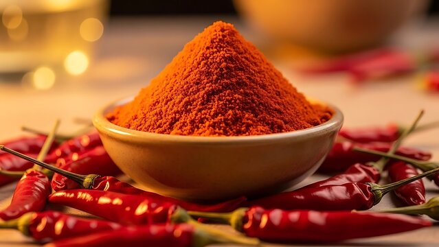 Vibrant red chili powder piled high in a bowl surrounded by fresh dried peppers