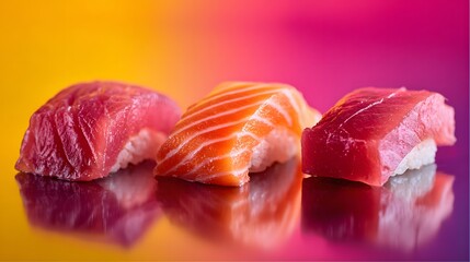 Three pieces of vibrant nigiri sushi rest on a reflective surface against a colorful gradient background