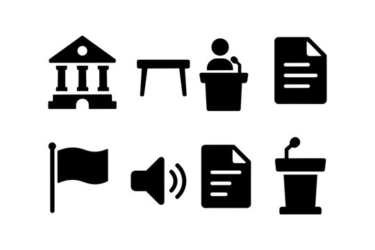 Monochrome icons of public speaking, government, and audio elements on white background