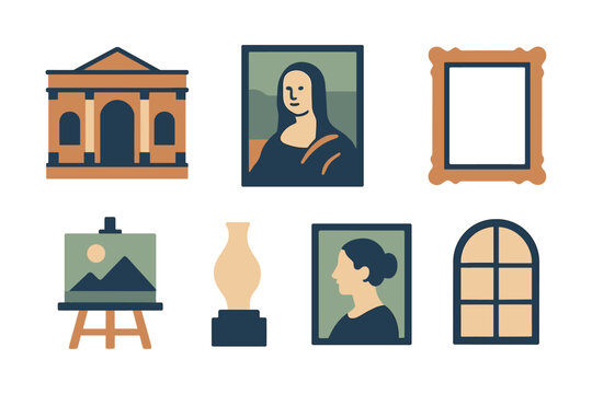 Art museum icon set: paintings, sculptures, frames, architecture, classical style
