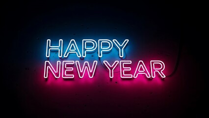 Happy new year glowing neon sign with blue and pink lights
