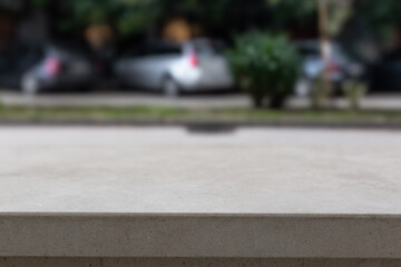 stone table countertop display urban copy space empty space city landscape. table with blurred city background. table marble display mock up