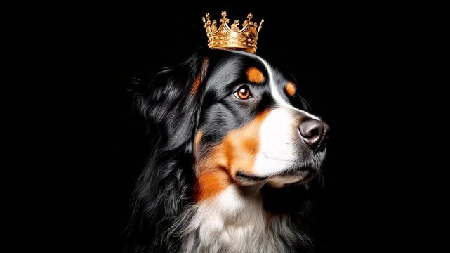 Dog wearing a crown poses majestically against a dark background, highlighting its regal appearance