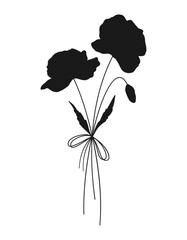 Wildflower black silhouette bouquet on white background. Hand drawn flowers, meadow herbs, wild plants, and botanical elements for design projects. Vector illustration