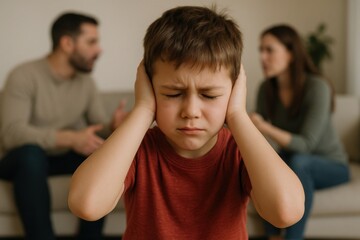 Child's Distress Amid Parental Conflict: A young child covers their ears, overwhelmed by the emotional storm between parents, portraying the impact of family discord and seeking a haven from conflict.