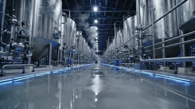 Industrial Processing Facility Featuring Parallel Metallic Tanks with Smooth Floors and Vibrant Lighting, Emphasizing Advanced Manufacturing Techniques in a Modern Environment.