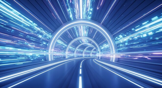 Abstract futuristic tunnel with neon lights and a road leading forward