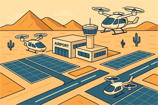 Desert airport scene with helicopters and solar panels in isometric style