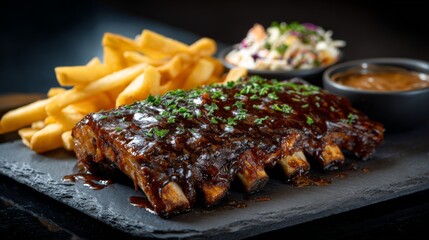 Delicious barbecue ribs with rich sauce served alongside crispy fries, fresh coleslaw, and savory dipping sauce on a dark slate plate