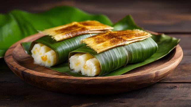 Two tropical sweet treats wrapped in vibrant green leaves rest on a rustic wooden platter