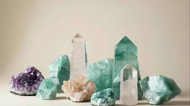 A crystal collection of amethyst geode, quartz tower and green fluorite displayed for spiritual practice and healing
