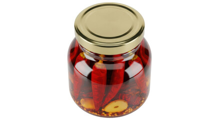Pickled red chili peppers in glass jar isolated PNG, spicy condiment for cooking and food preservation on transparent background