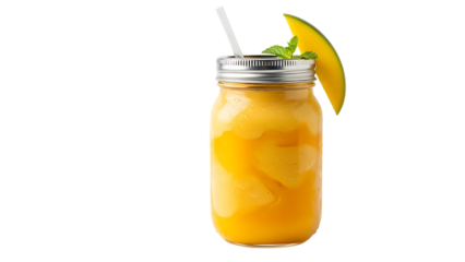 Refreshing mango smoothie in mason jar with fruit and mint