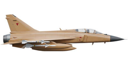 Tan fighter jet with missiles isolated PNG, military aircraft on transparent background for defense and aviation themes, warplane