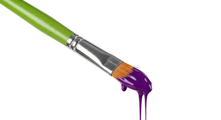 Paintbrush with purple paint dripping isolated PNG, artistic tool for painting and creative projects on transparent background