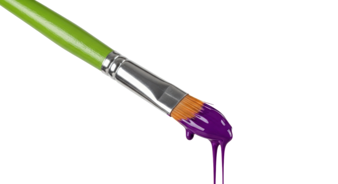 Paintbrush with purple paint dripping isolated PNG, artistic tool for painting and creative projects on transparent background