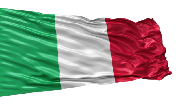 Waving Italian flag isolated PNG on transparent background, national symbol of Italy with green white and red stripes, patriotic design element