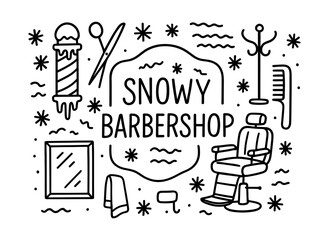 Winter-themed barber shop elements in linear style with snowflakes and tools