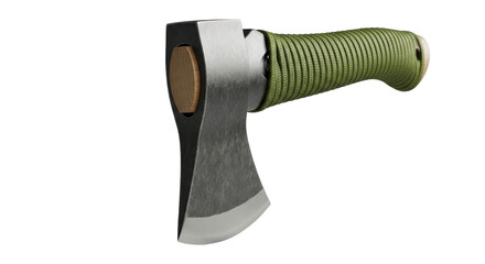 Camping hatchet PNG isolated on transparent background, small axe with green paracord wrapped handle for outdoor survival and bushcraft