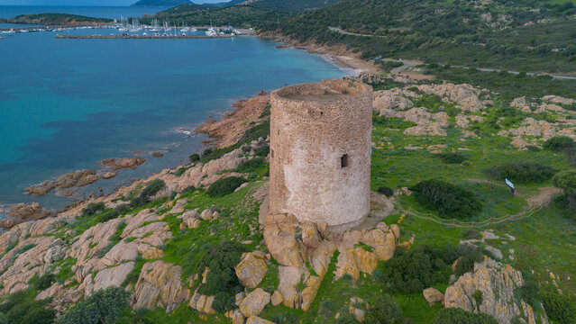 Ancient coastal watchtower of Porto Budello overlooking the sea in Sardinia