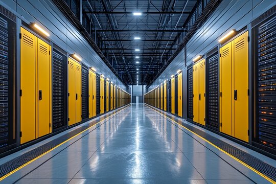 Data center futuristic corridor servers yellow doors symmetry modern architecture technology innovation security storage digital computing infrastructure