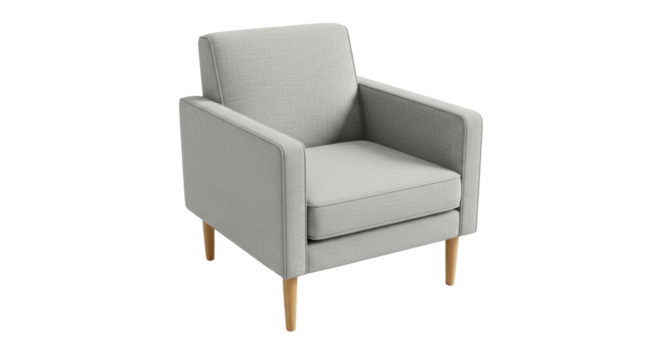 Modern light gray armchair isolated PNG, comfortable upholstered seat with wooden legs for living room or office furniture design