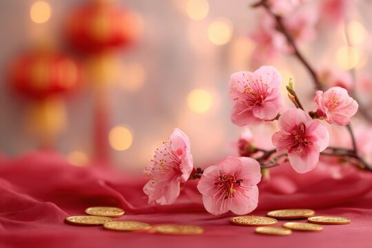 Romantic Chinese New Year Background with Pink Cherry Blossoms