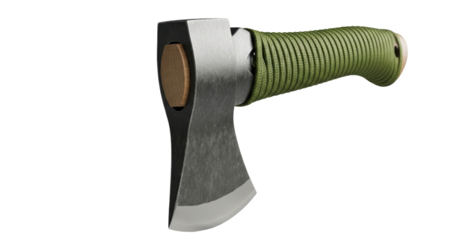 Camping hatchet PNG isolated on transparent background, small axe with green paracord wrapped handle for outdoor survival and bushcraft