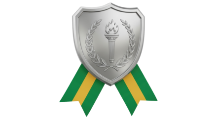 Silver shield with torch and laurel wreath isolated PNG, award medal with green and yellow ribbon on transparent background