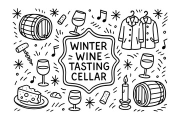 Obraz premium Winter wine tasting cellar doodle with cheese, glasses, coats, and barrels