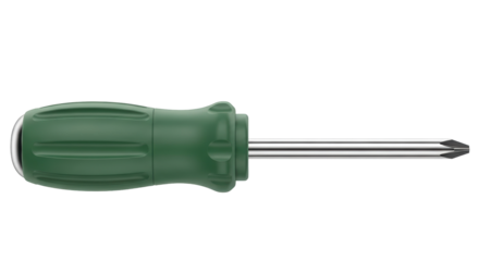 Green Phillips head screwdriver PNG isolated on transparent background, hand tool for construction and repair work
