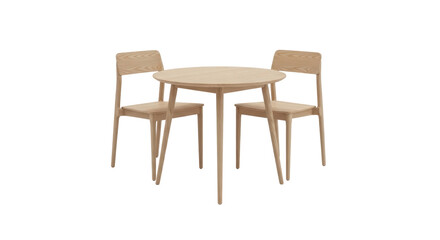 Light wood dining table with two chairs isolated PNG, modern furniture set for kitchen or dining room on transparent background