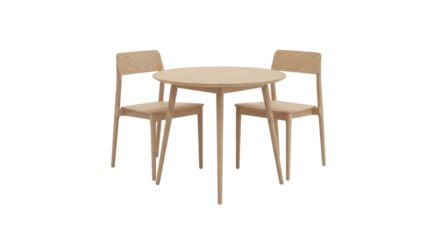 Light wood dining table with two chairs isolated PNG, modern furniture set for kitchen or dining room on transparent background