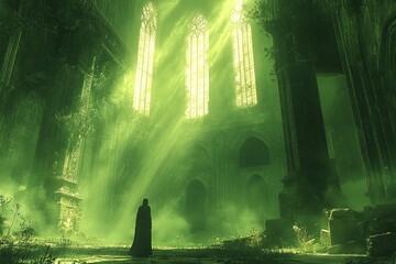 Dark cloaked figure standing alone inside ancient ruined cathedral with glowing green light mystical atmosphere fantasy gothic mysterious surreal environment