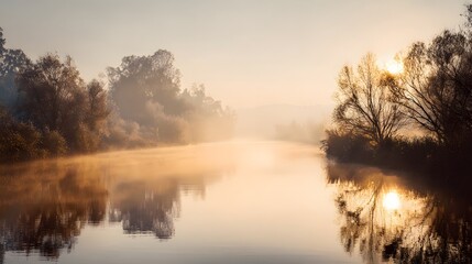Tranquil river water reflects soft golden sunlight piercing through dense morning mist shrouding wooded banks.