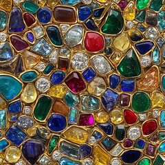 Colorful gemstones arranged in intricate patterns with gold accents  