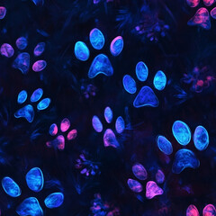 Colorful paw prints on dark background with glowing neon effect  