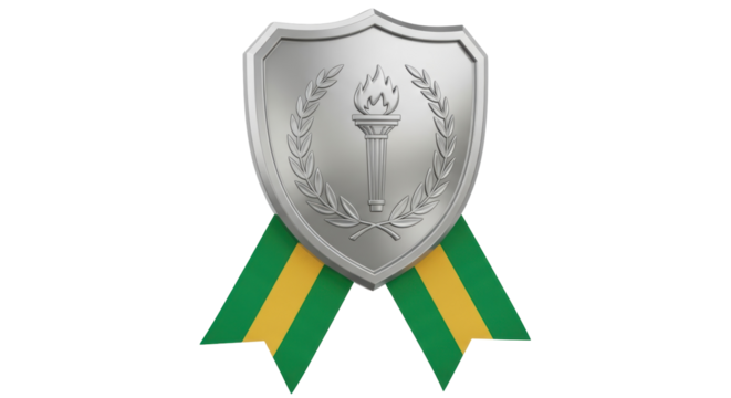 Silver shield with torch and laurel wreath isolated PNG, award medal with green and yellow ribbon on transparent background - Powered by Adobe