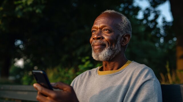 Older man using cell phone in park.