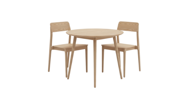 Light wood dining table with two chairs isolated PNG, modern furniture set for kitchen or dining room on transparent background