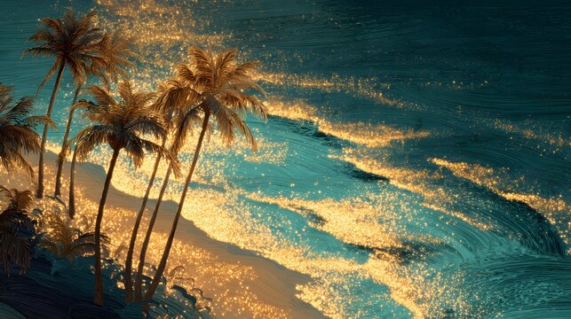 Tropical beach paradise with palm trees and sparkling ocean waves at sunset