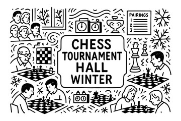 Fototapeta premium Chess tournament in winter theme with players and strategy elements