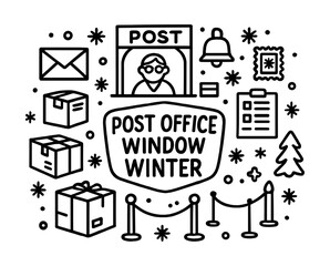 Fototapeta premium Winter post office icon set with snowflakes and holiday elements in linear style