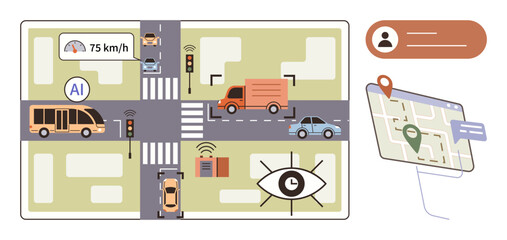 Urban intersection with AI speed monitoring, autonomous cars, buses, traffic signals, and live map navigation. Ideal for AI technology, smart cities, transportation, autonomous driving IoT safety