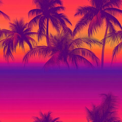 Tropical sunset with palm trees in vibrant purple and orange colors  
