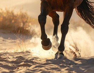 Close-up capture of a horse galloping through sand, kicking up a cloud of dust with its powerful legs. Focus on movement