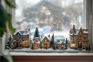 A cozy window sill adorned with a miniature Christmas village scene, with tiny houses and fake snow, as real snow falls outside 